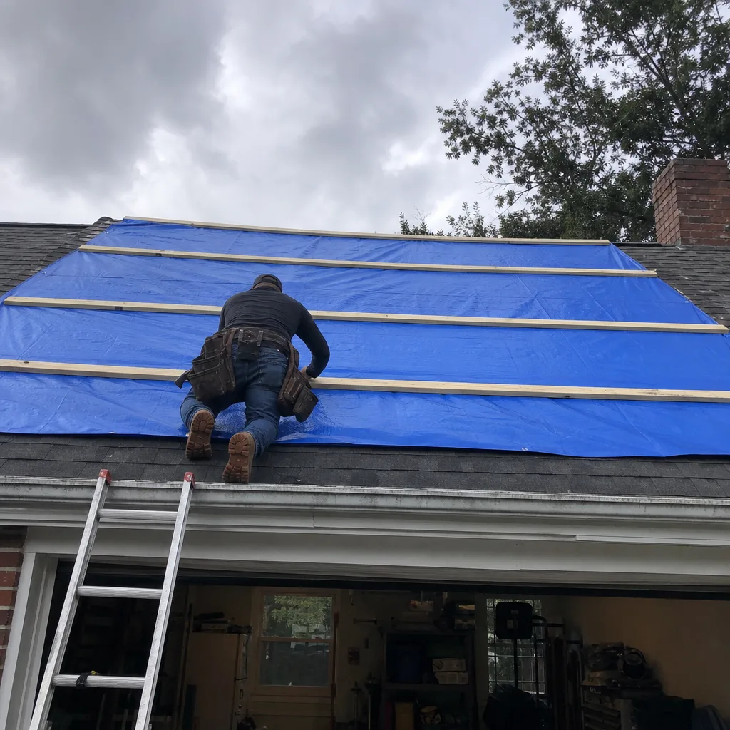 Roofing professional installing emergency storm damage protective tarp