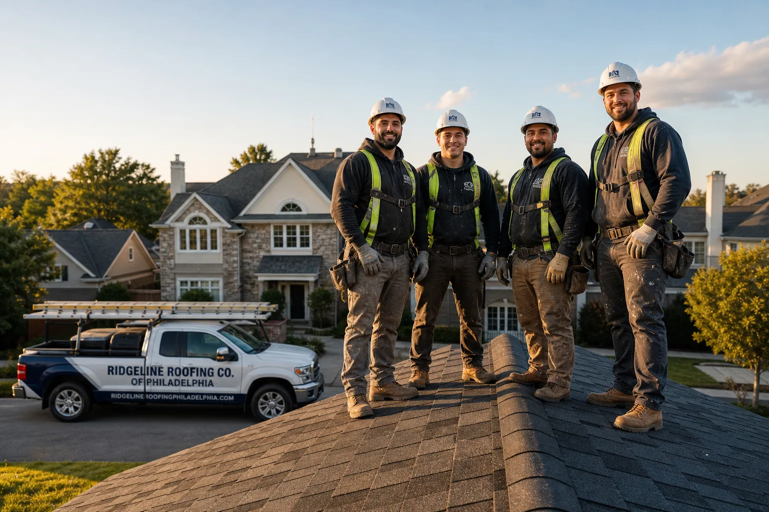 Ridgeline Roofing Co. of Philadelphia roofing service vehicle and crew in Philadelphia, PA