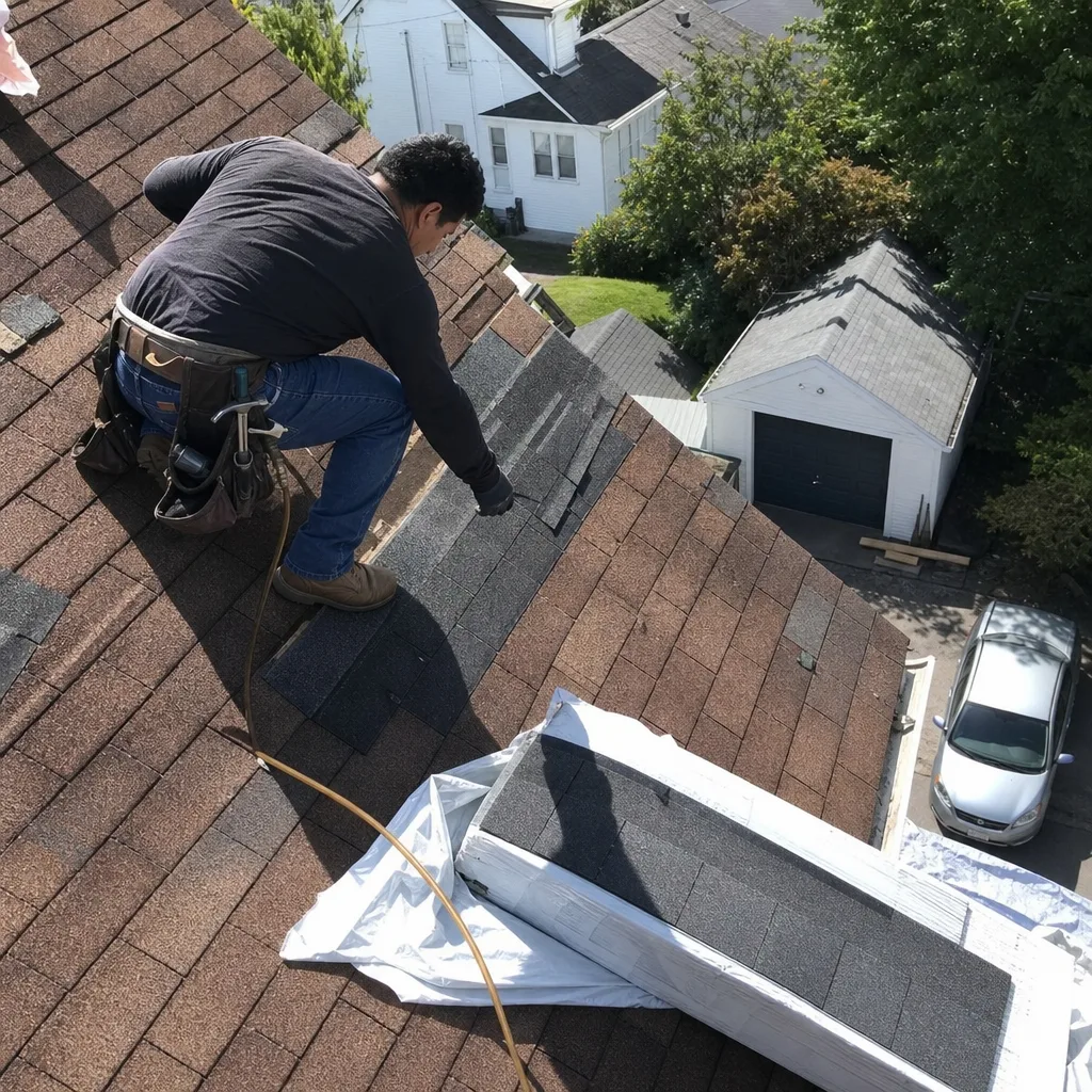 A roofing contractor installing new asphalt shingles on a home rooftop